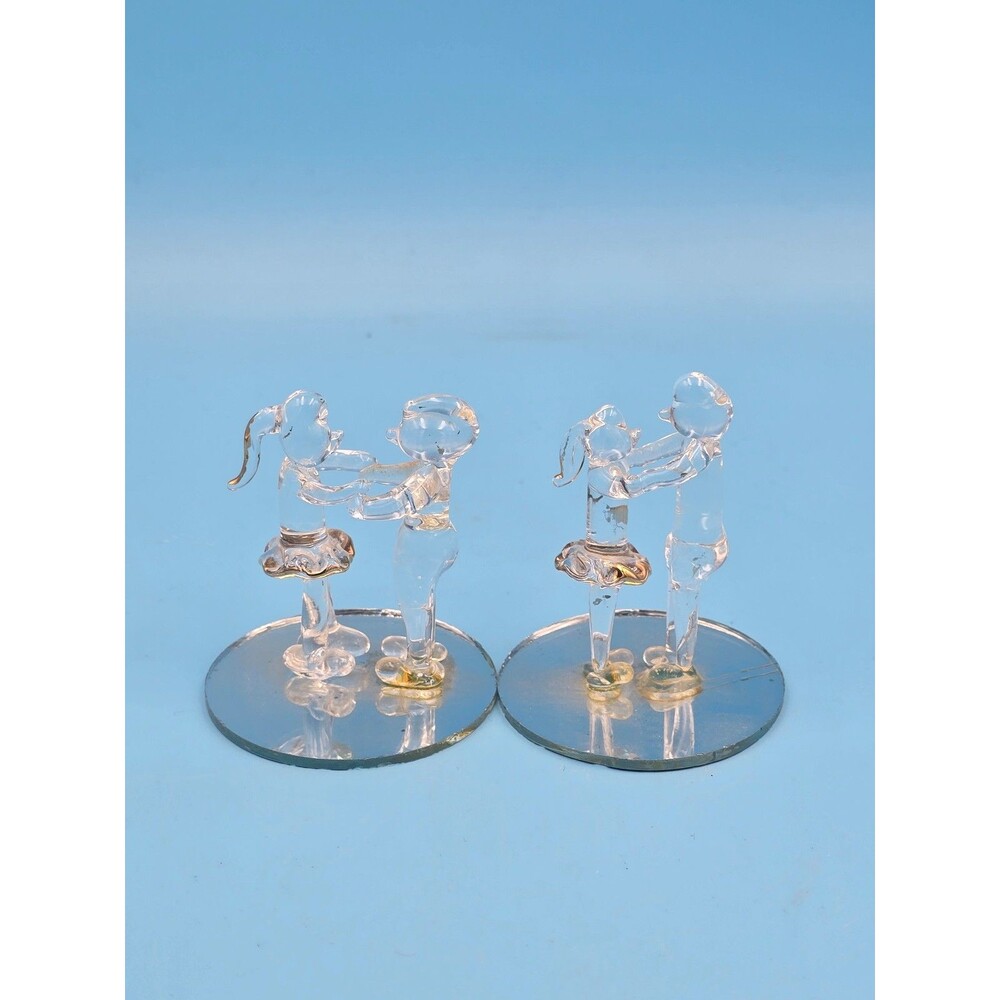 Glass Boy and Girl Dancing on Mirror Base 2" set of 2